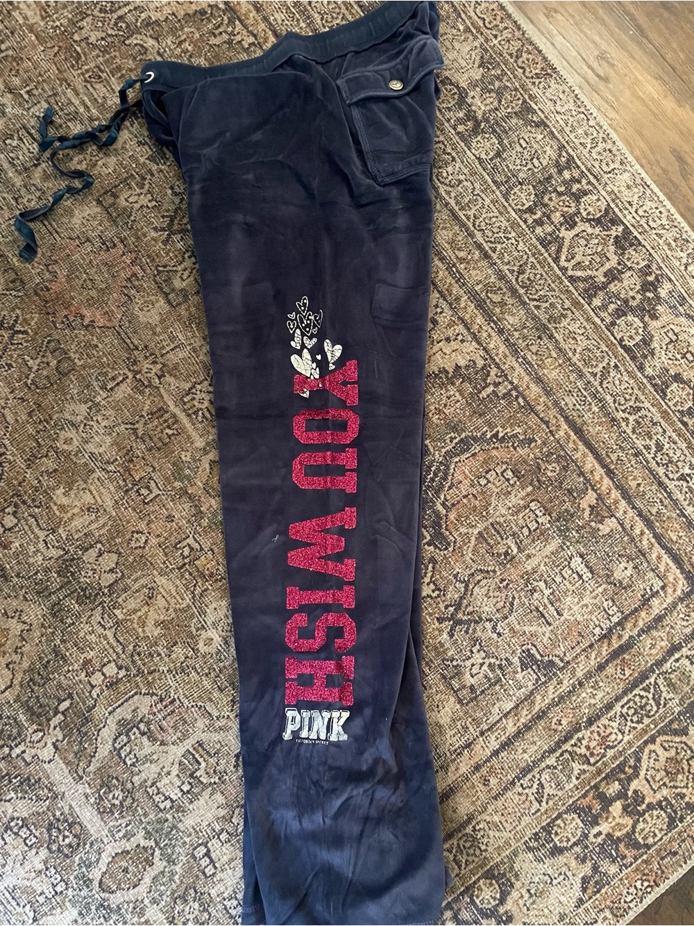 PINK Victoria's Secret Navy Velour Sweatpants with Pink Glitter "YOU WISH"